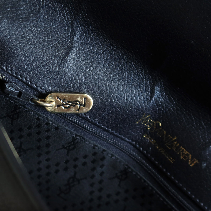 Yves Saint Laurent YSL Vintage Black Leather Wave Stitching Shoulder Flap Bag