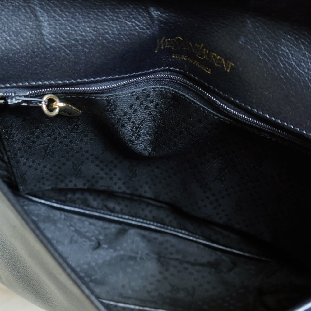 Yves Saint Laurent YSL Vintage Black Leather Wave Stitching Shoulder Flap Bag