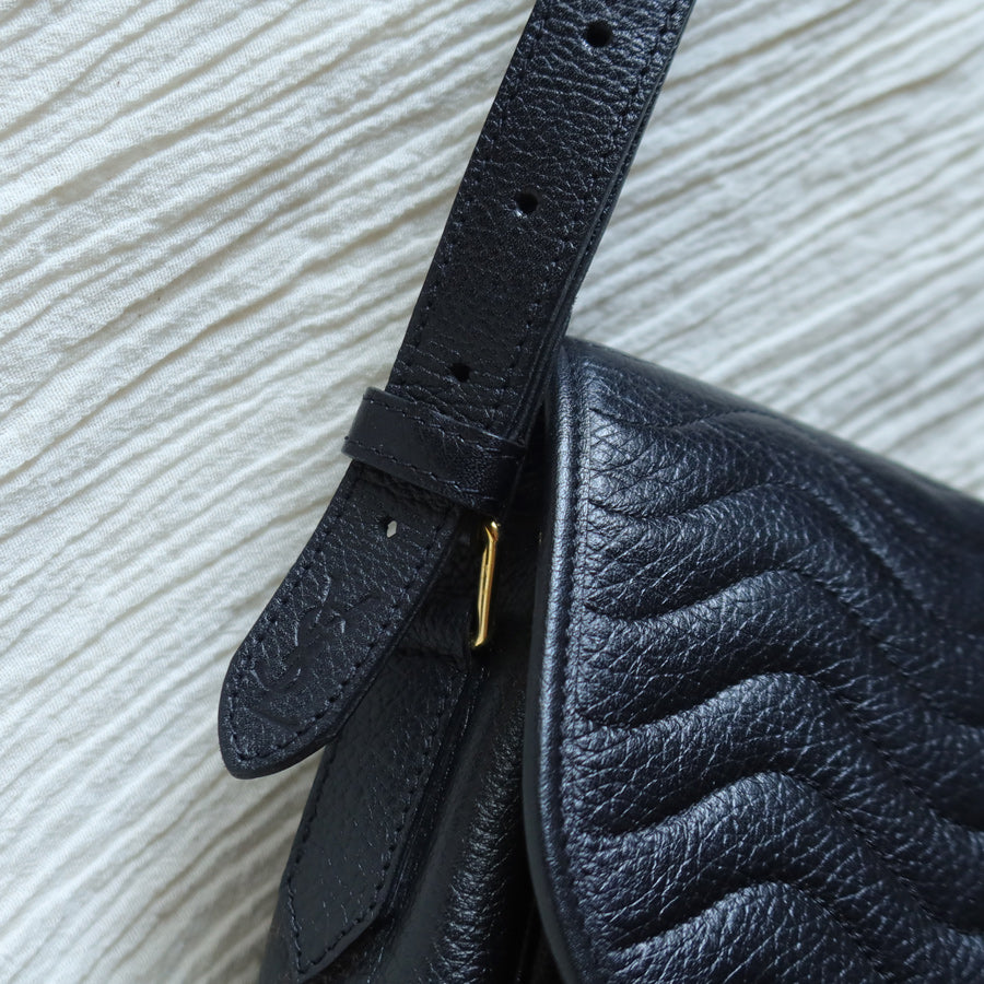 Yves Saint Laurent YSL Vintage Black Leather Wave Stitching Shoulder Flap Bag
