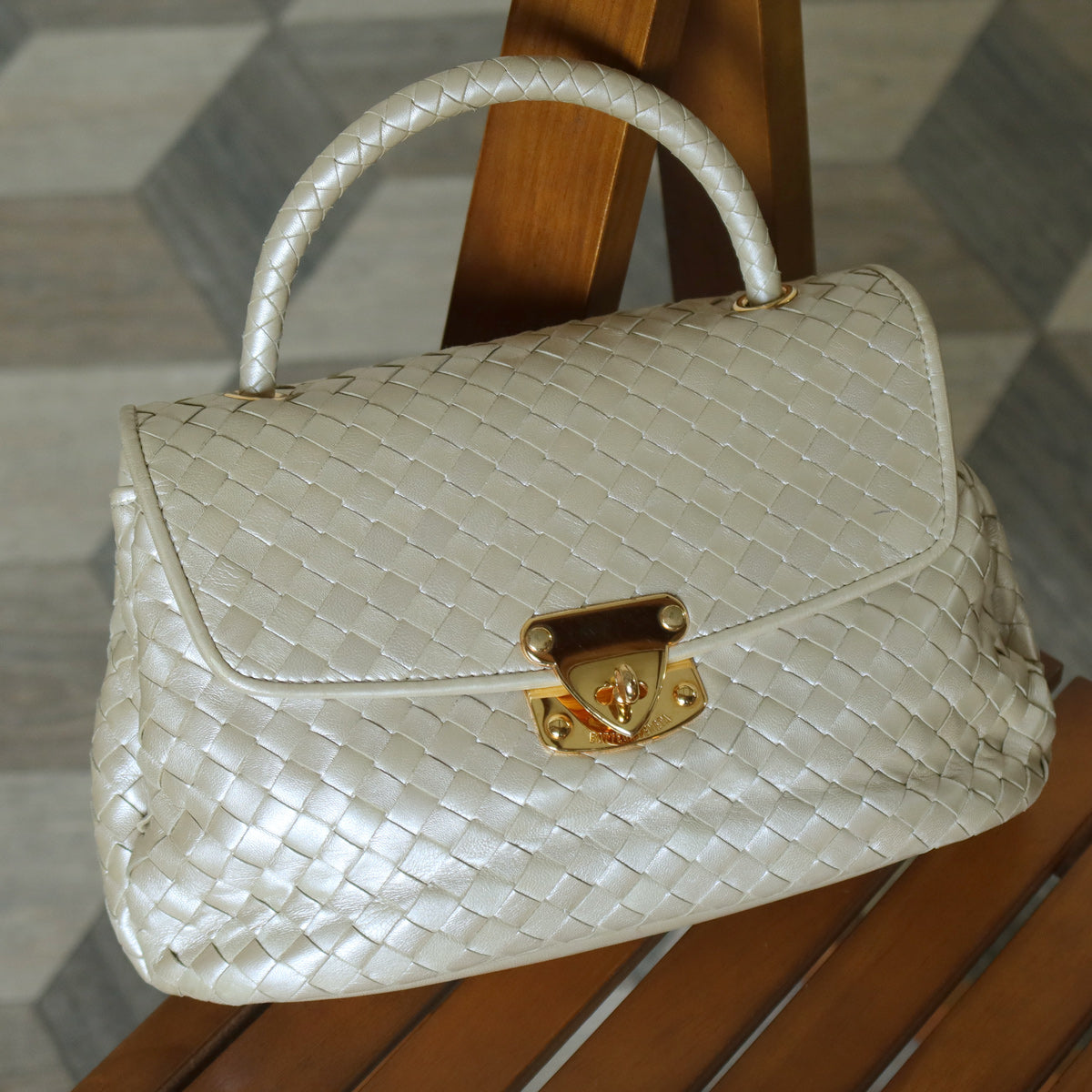 Vintage Bottega Veneta Shimmer Ivory Intrecciato Weave Top Handle Bag M