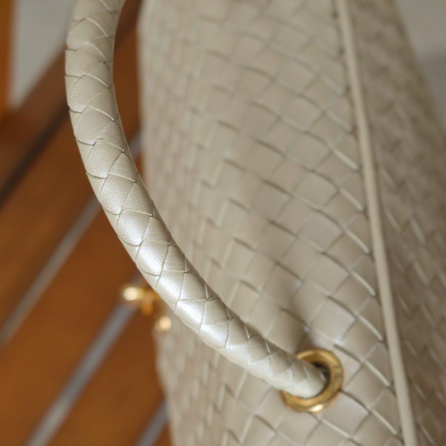 Vintage Bottega Veneta Shimmer Ivory Intrecciato Weave Top Handle Bag M