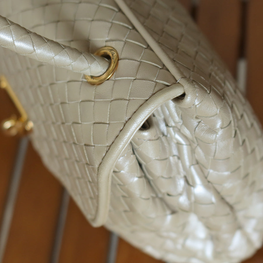 Vintage Bottega Veneta Shimmer Ivory Intrecciato Weave Top Handle Bag M