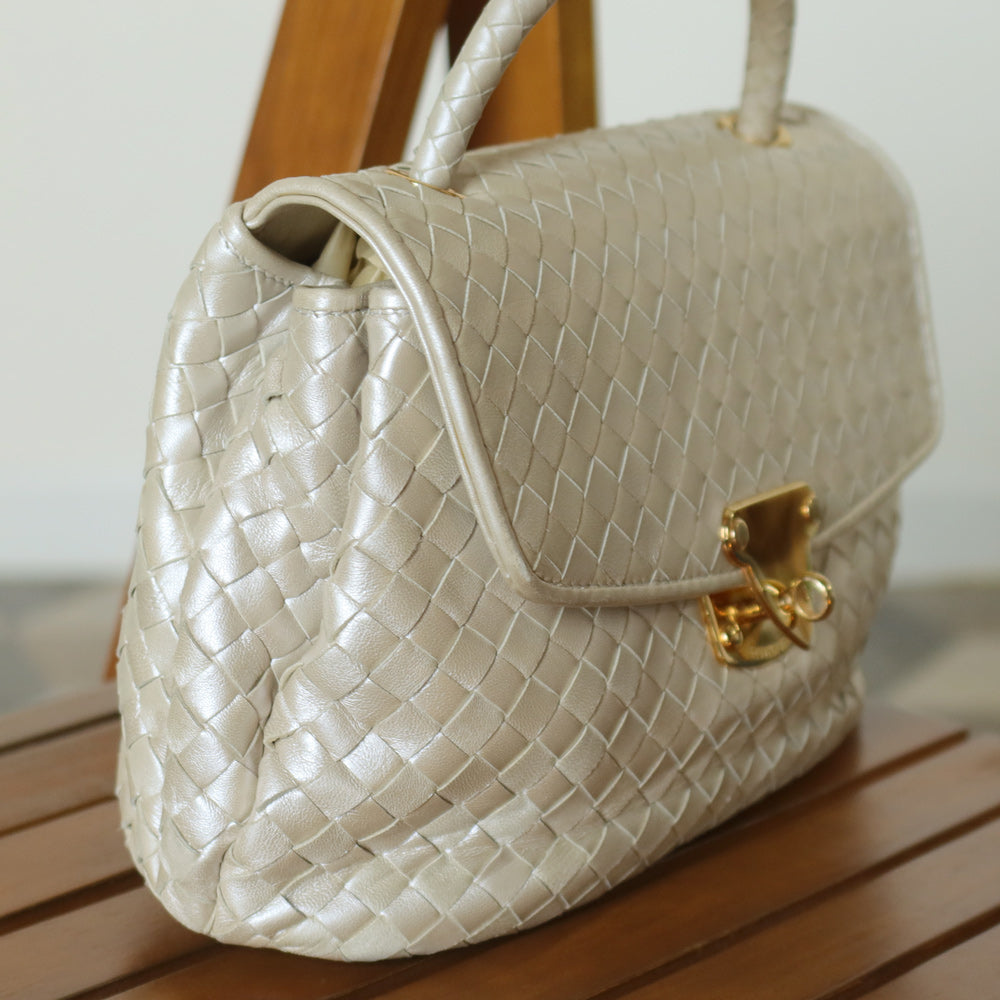 Vintage Bottega Veneta Shimmer Ivory Intrecciato Weave Top Handle Bag M