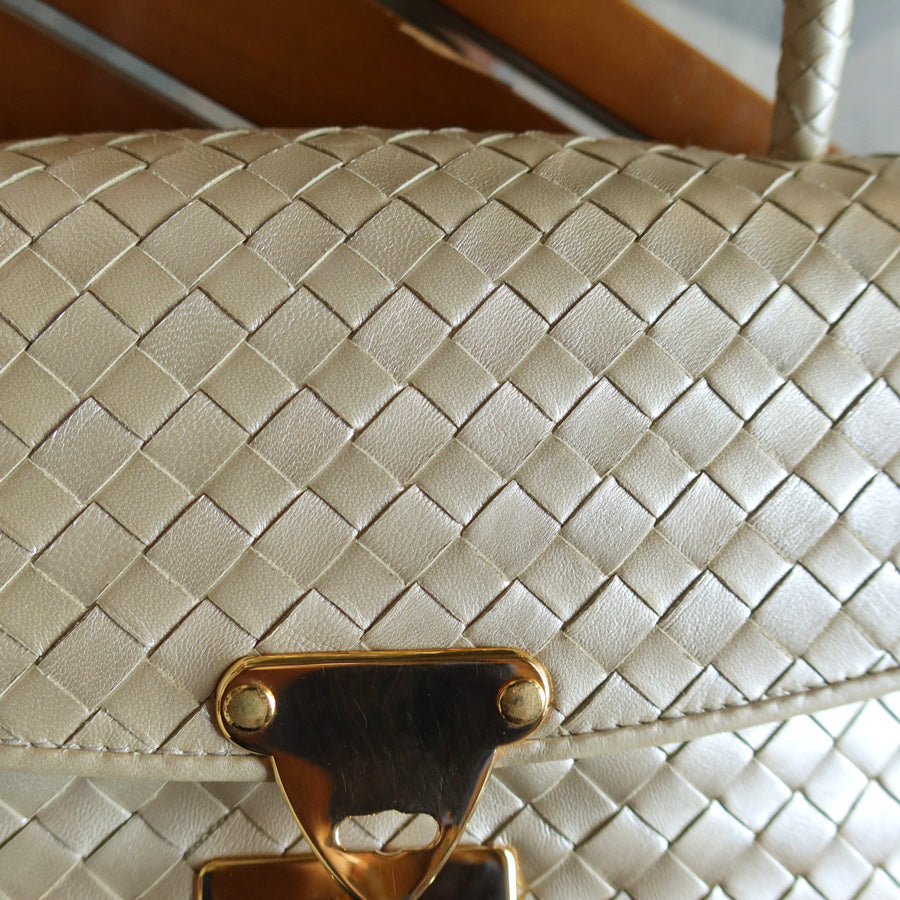 Vintage Bottega Veneta Shimmer Ivory Intrecciato Weave Top Handle Bag M