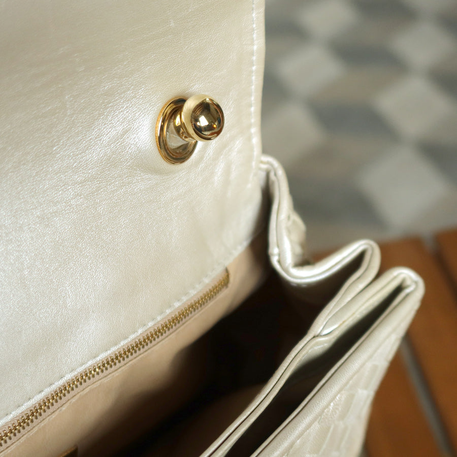 Vintage Bottega Veneta Shimmer Ivory Intrecciato Weave Top Handle Bag M