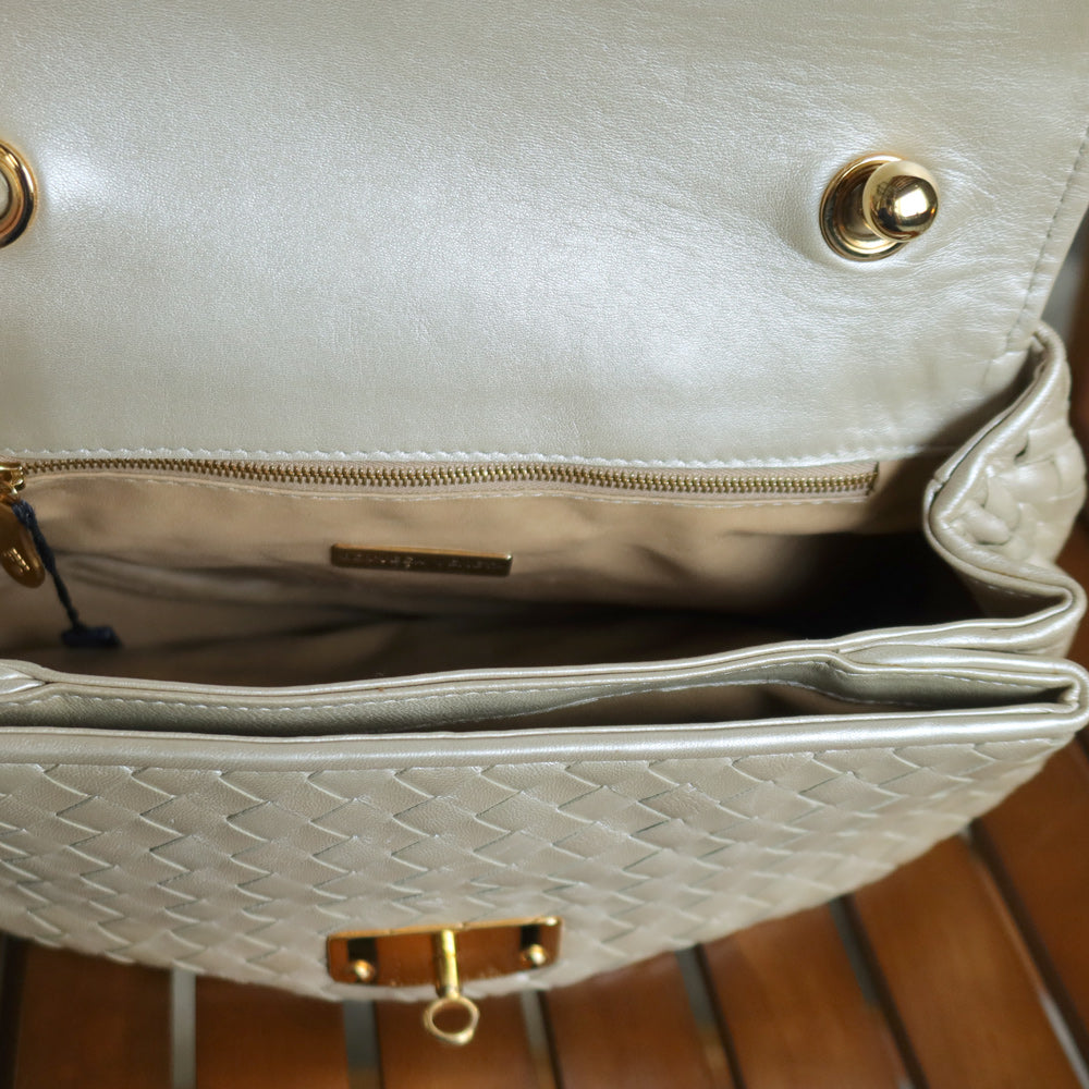 Vintage Bottega Veneta Shimmer Ivory Intrecciato Weave Top Handle Bag M