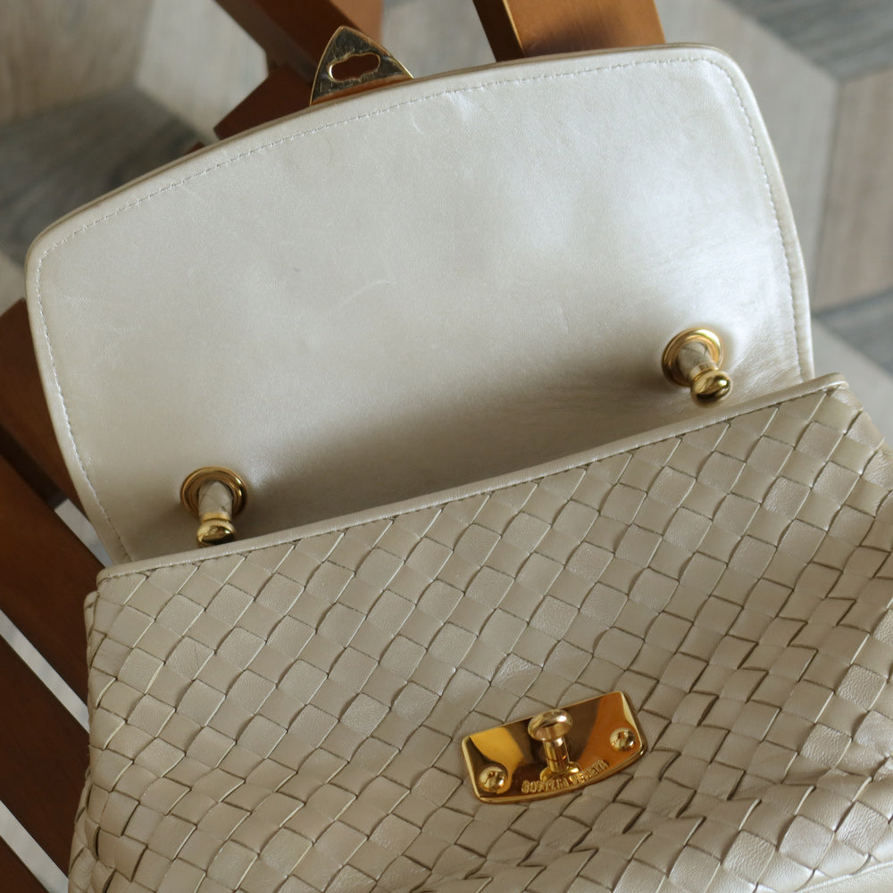 Vintage Bottega Veneta Shimmer Ivory Intrecciato Weave Top Handle Bag M