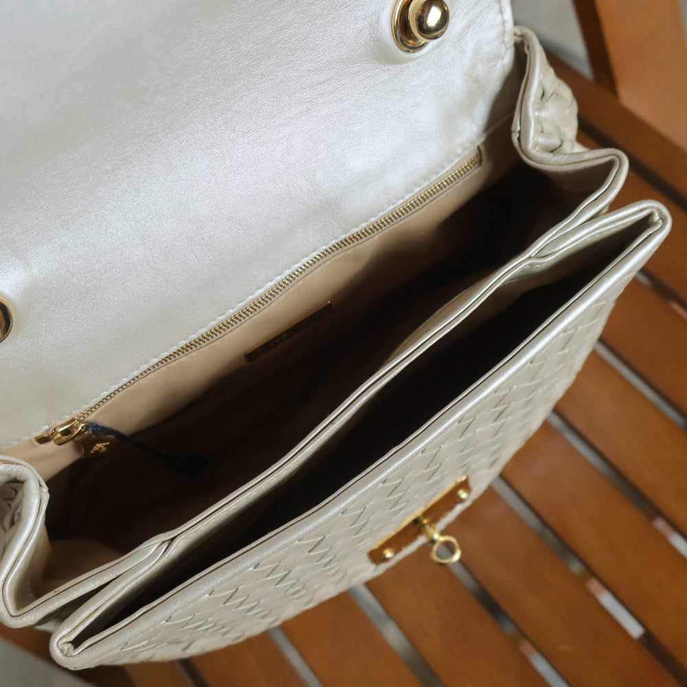 Vintage Bottega Veneta Shimmer Ivory Intrecciato Weave Top Handle Bag M
