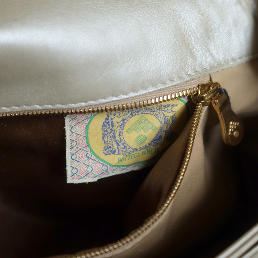 Vintage Bottega Veneta Shimmer Ivory Intrecciato Weave Top Handle Bag M