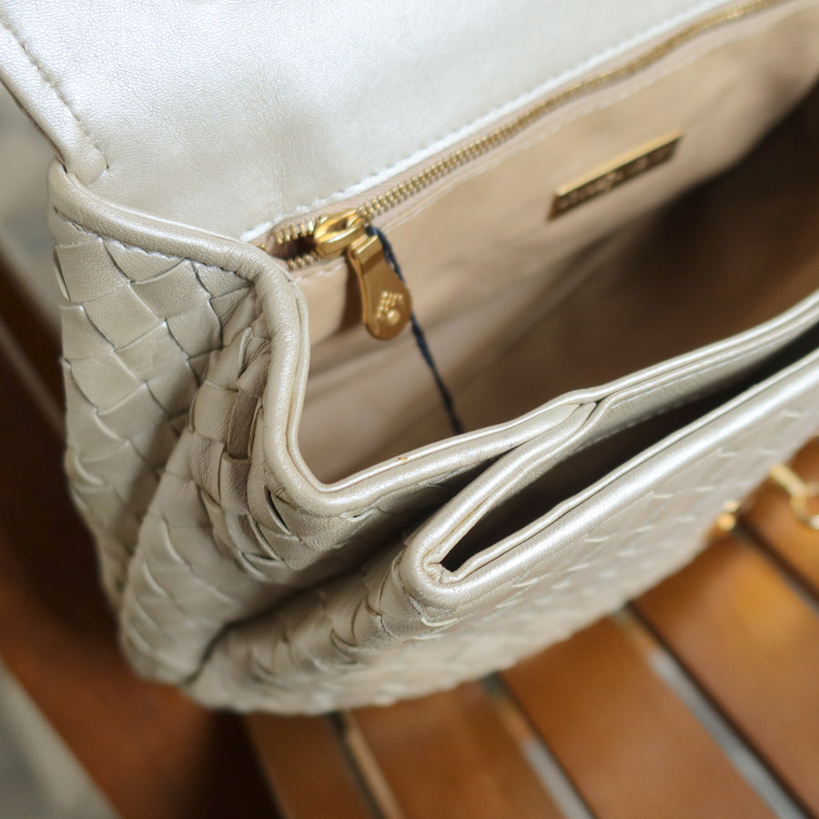 Vintage Bottega Veneta Shimmer Ivory Intrecciato Weave Top Handle Bag M