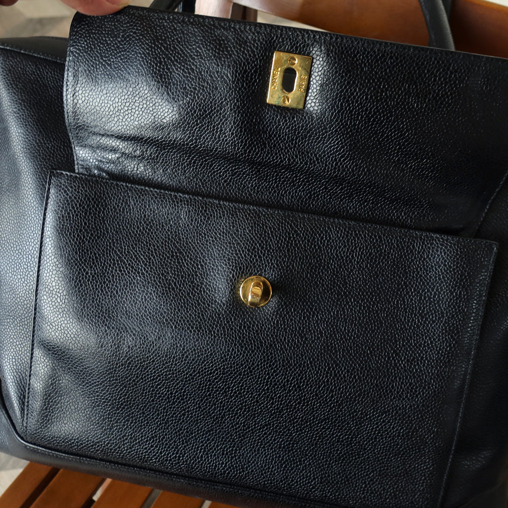 Vintage Chanel Black Caviar CC Turn lock Double sided XL Shoulder Bag