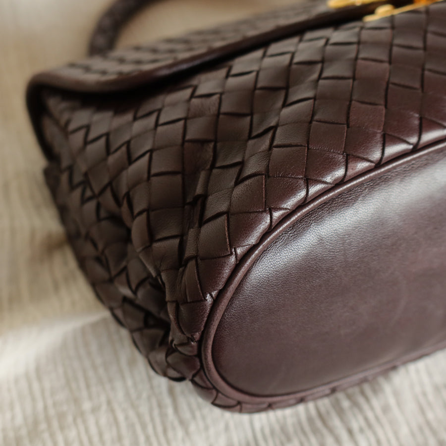 Vintage Bottega Veneta Burgundy Brown Intrecciato Gold turn lock Top Handle Bag