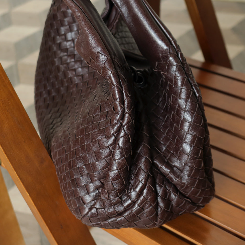 Bottega Veneta Vintage Dark Brown Intrecciato Campana Hobo Shoulder Bag