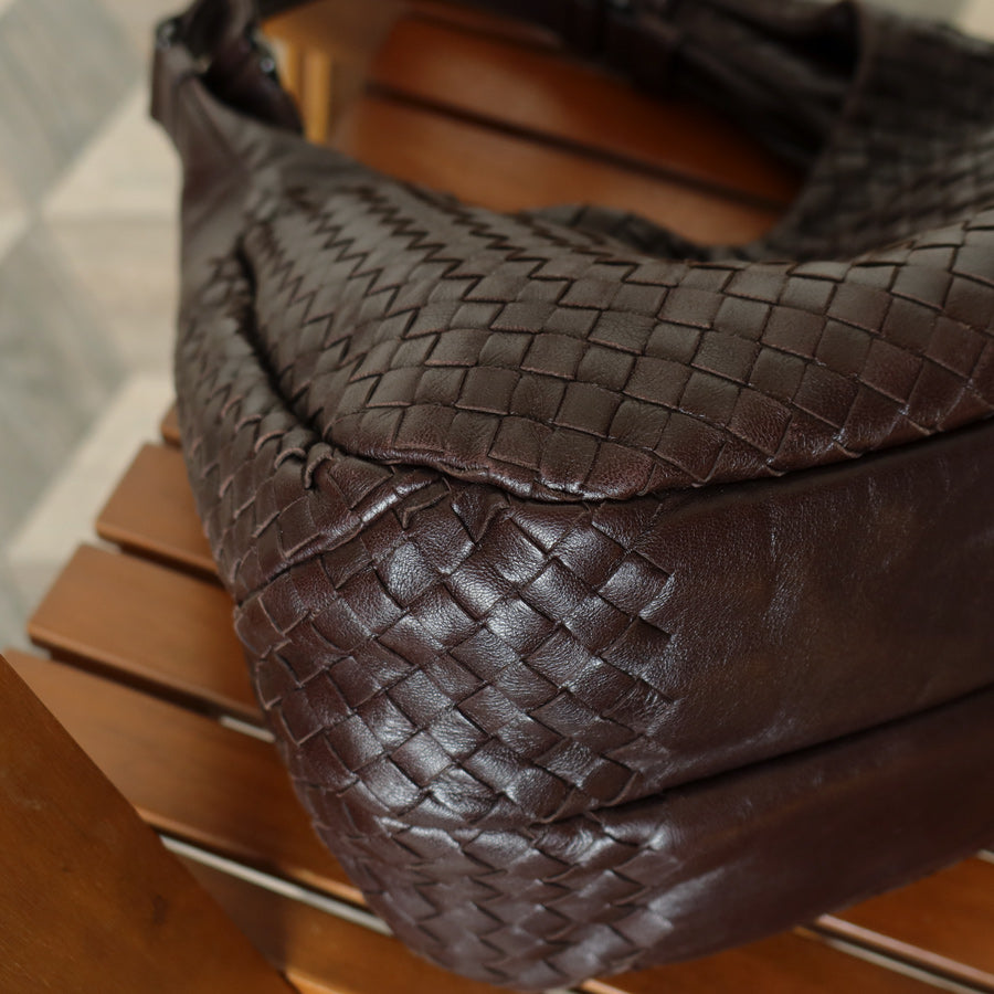 Bottega Veneta Vintage Dark Brown Intrecciato Campana Hobo Shoulder Bag