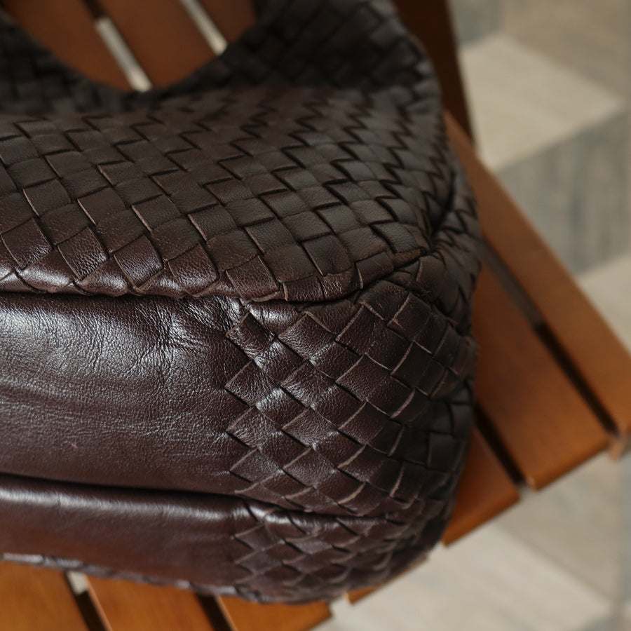 Bottega Veneta Vintage Dark Brown Intrecciato Campana Hobo Shoulder Bag