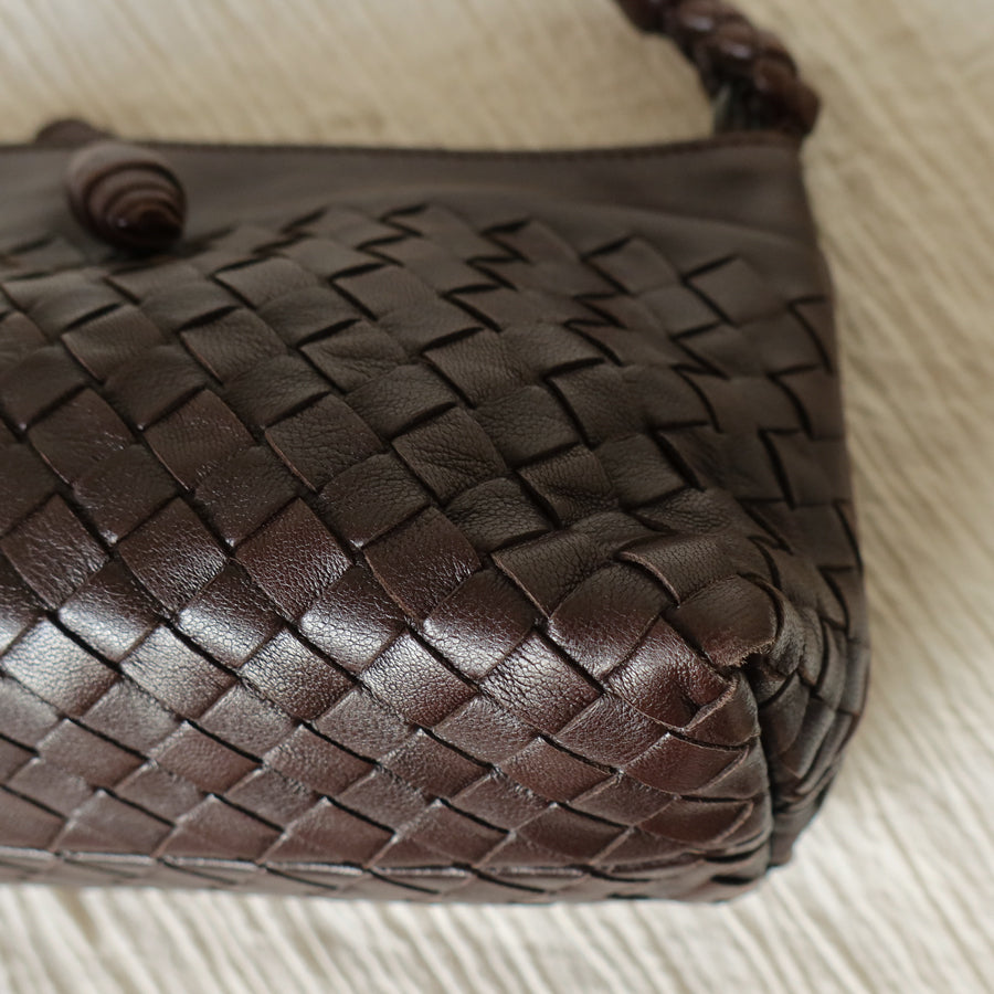 Bottega Veneta Vintage Dark Brown Intrecciato Weave Pochette Clutch Shoulder Bag