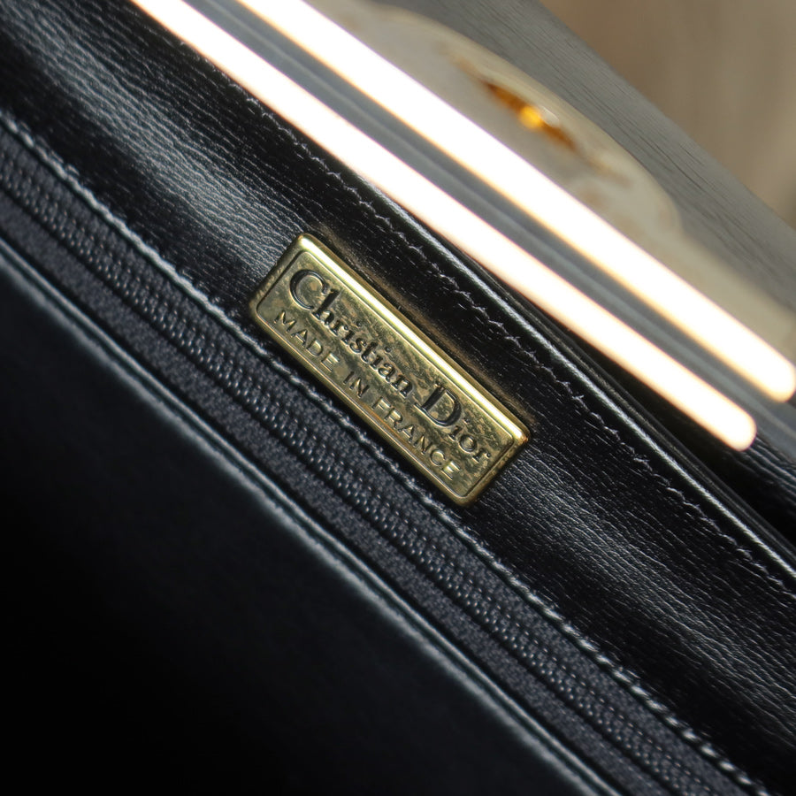 Christian Dior Vintage Black Calfskin Leather Gold Turn lock Top Handle Bag