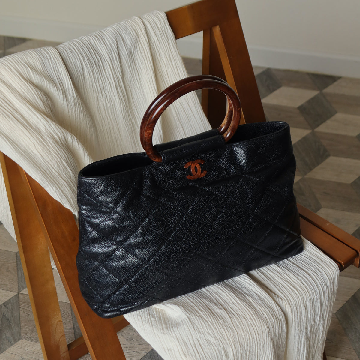 Chanel Vintage Quilted Black Caviar Leather CC mark Top Handle Weekend Bag