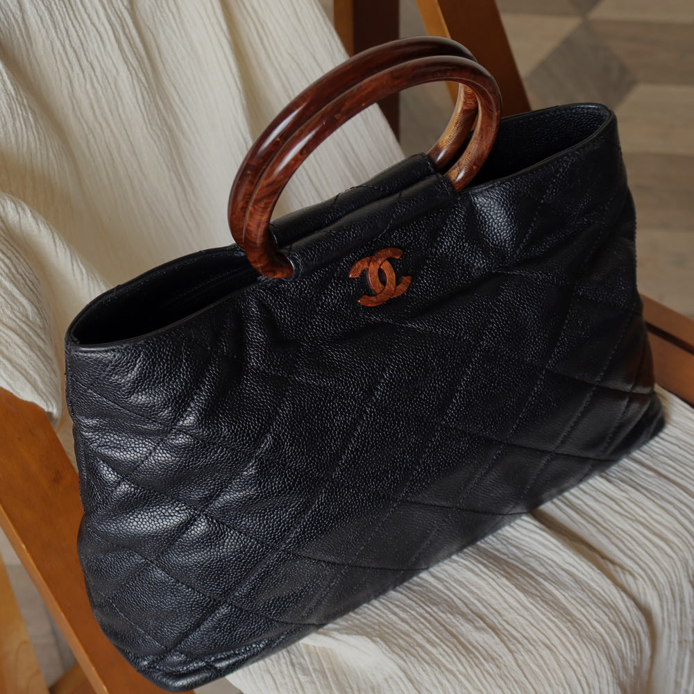 Chanel Vintage Quilted Black Caviar Leather CC mark Top Handle Weekend Bag
