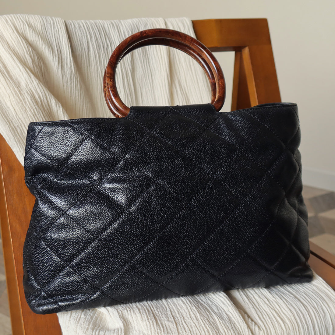 Chanel Vintage Quilted Black Caviar Leather CC mark Top Handle Weekend Bag