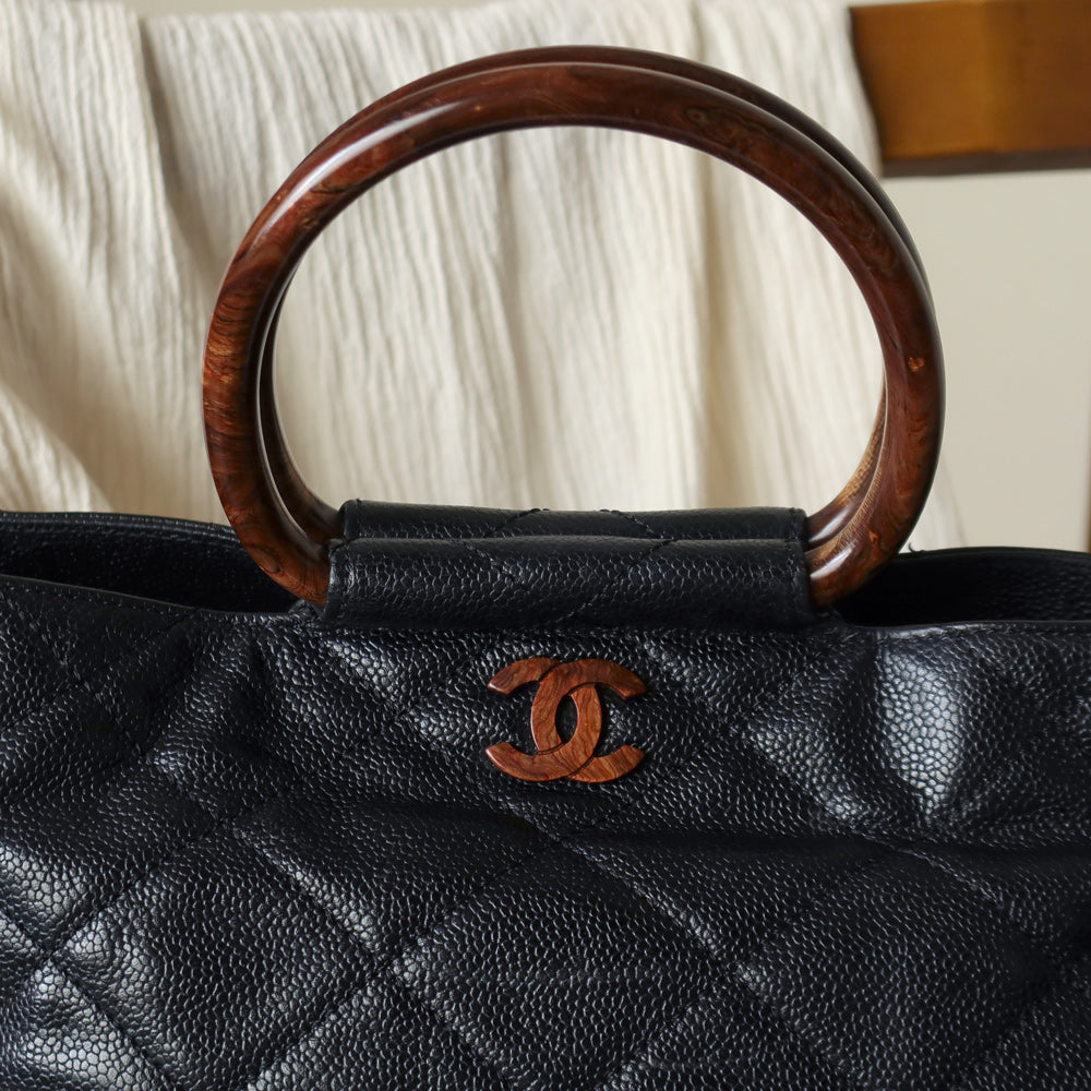 Chanel Vintage Quilted Black Caviar Leather CC mark Top Handle Weekend Bag