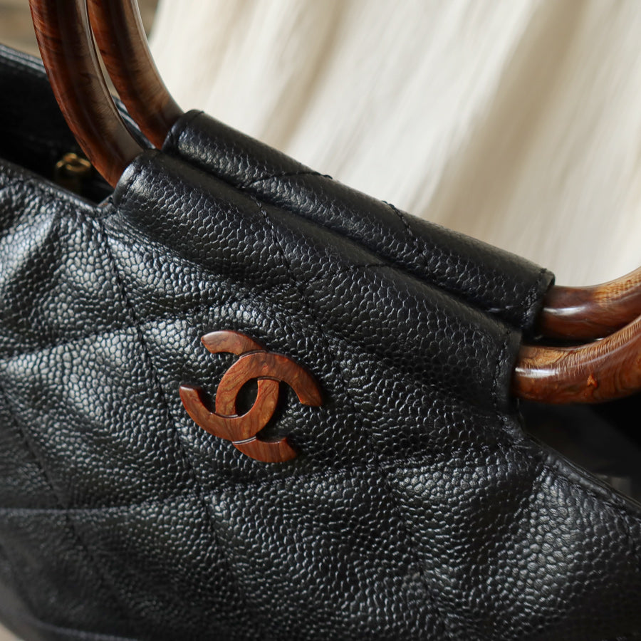 Chanel Vintage Quilted Black Caviar Leather CC mark Top Handle Weekend Bag