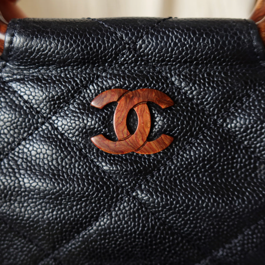 Chanel Vintage Quilted Black Caviar Leather CC mark Top Handle Weekend Bag