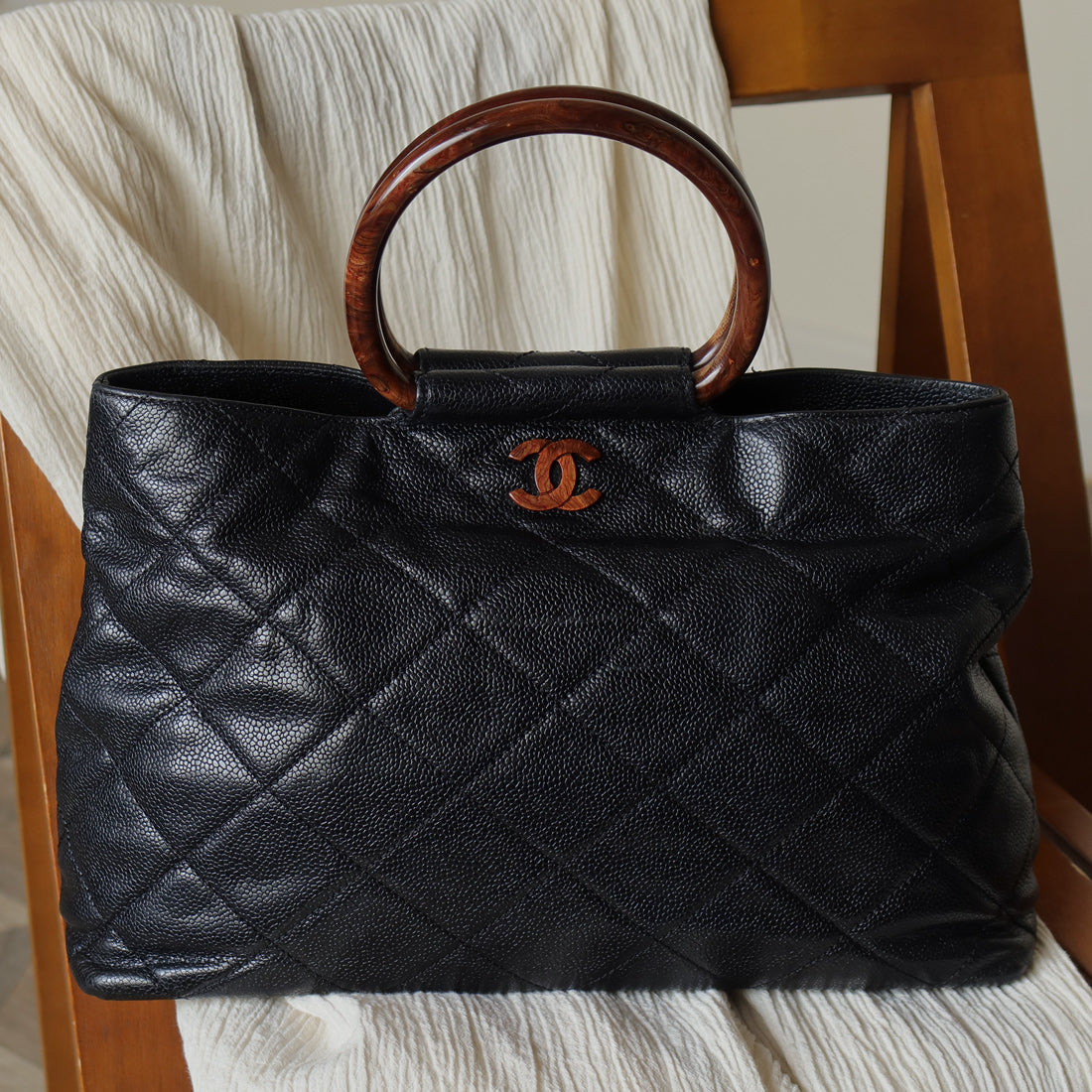 Chanel Vintage Quilted Black Caviar Leather CC mark Top Handle Weekend Bag