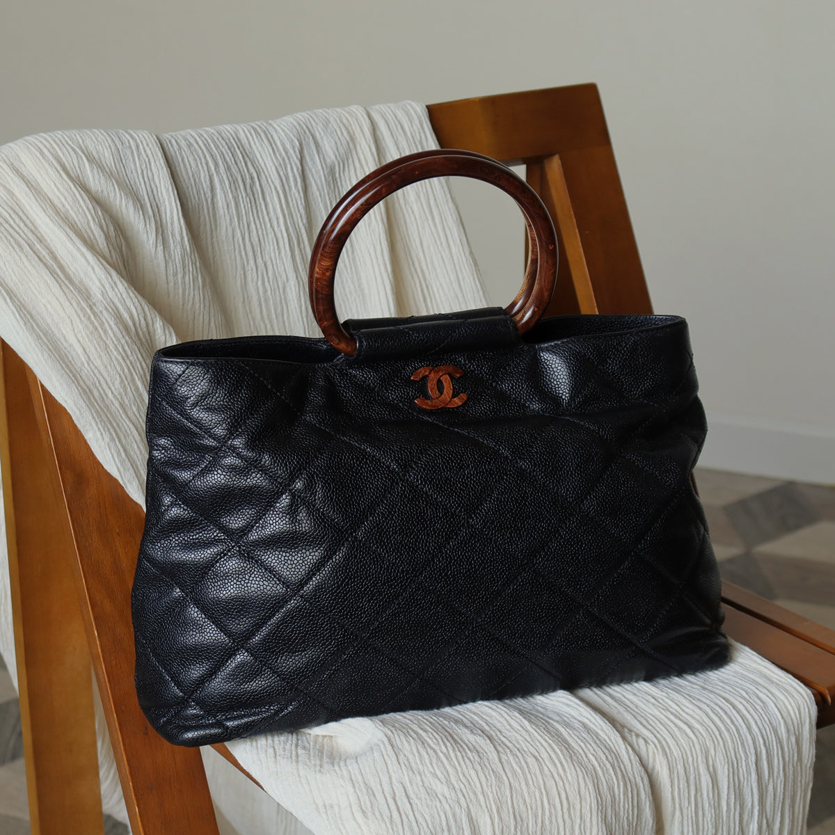 Chanel Vintage Quilted Black Caviar Leather CC mark Top Handle Weekend Bag