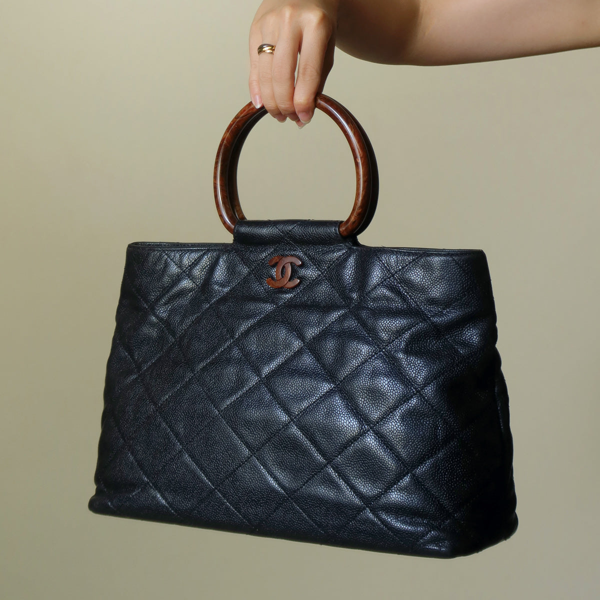 Chanel Vintage Quilted Black Caviar Leather CC mark Top Handle Weekend Bag