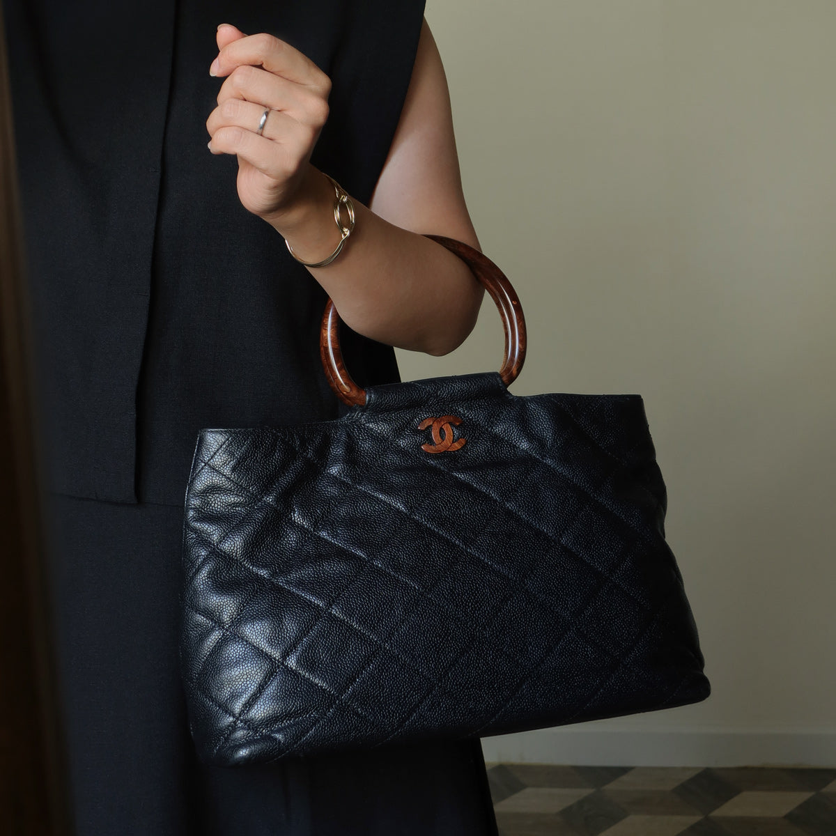 Chanel Vintage Quilted Black Caviar Leather CC mark Top Handle Weekend Bag