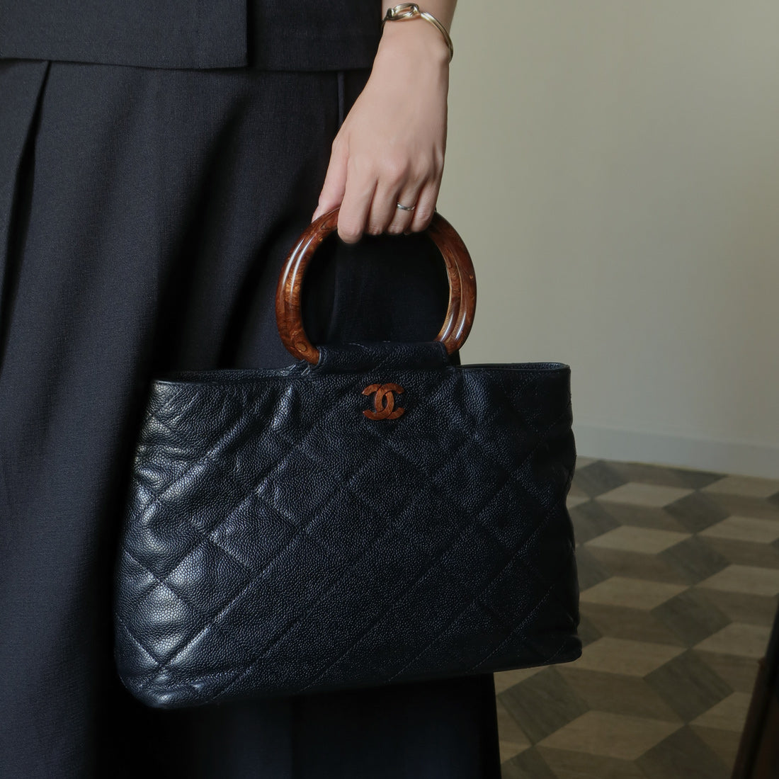 Chanel Vintage Quilted Black Caviar Leather CC mark Top Handle Weekend Bag