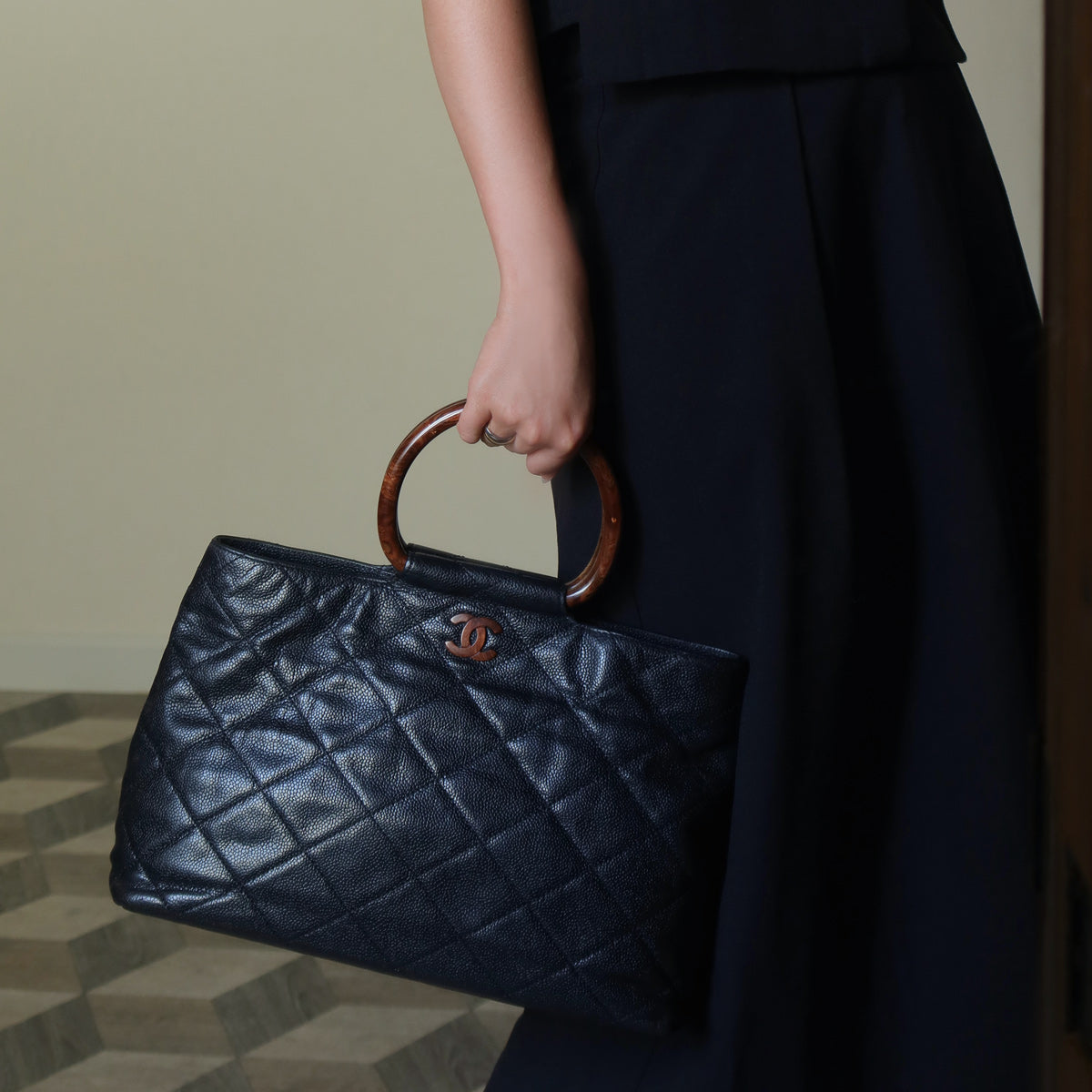 Chanel Vintage Quilted Black Caviar Leather CC mark Top Handle Weekend Bag