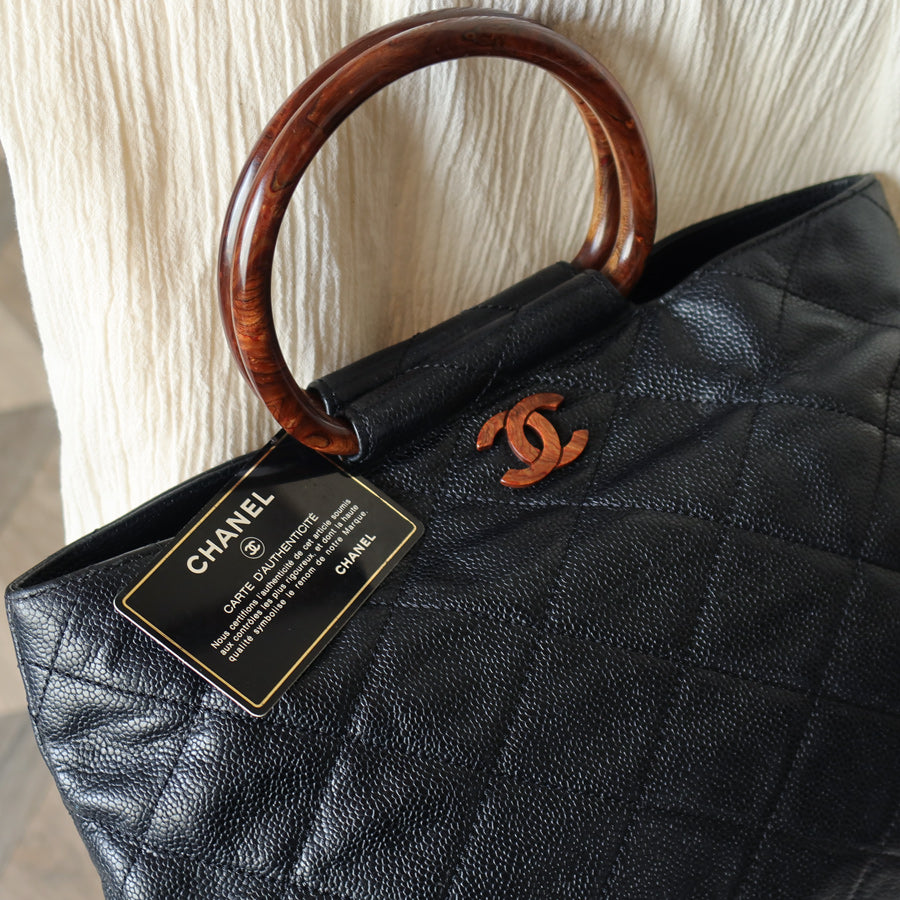 Chanel Vintage Quilted Black Caviar Leather CC mark Top Handle Weekend Bag