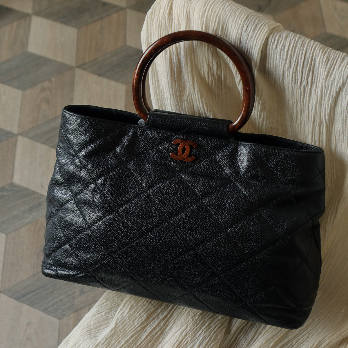 Chanel Vintage Quilted Black Caviar Leather CC mark Top Handle Weekend Bag