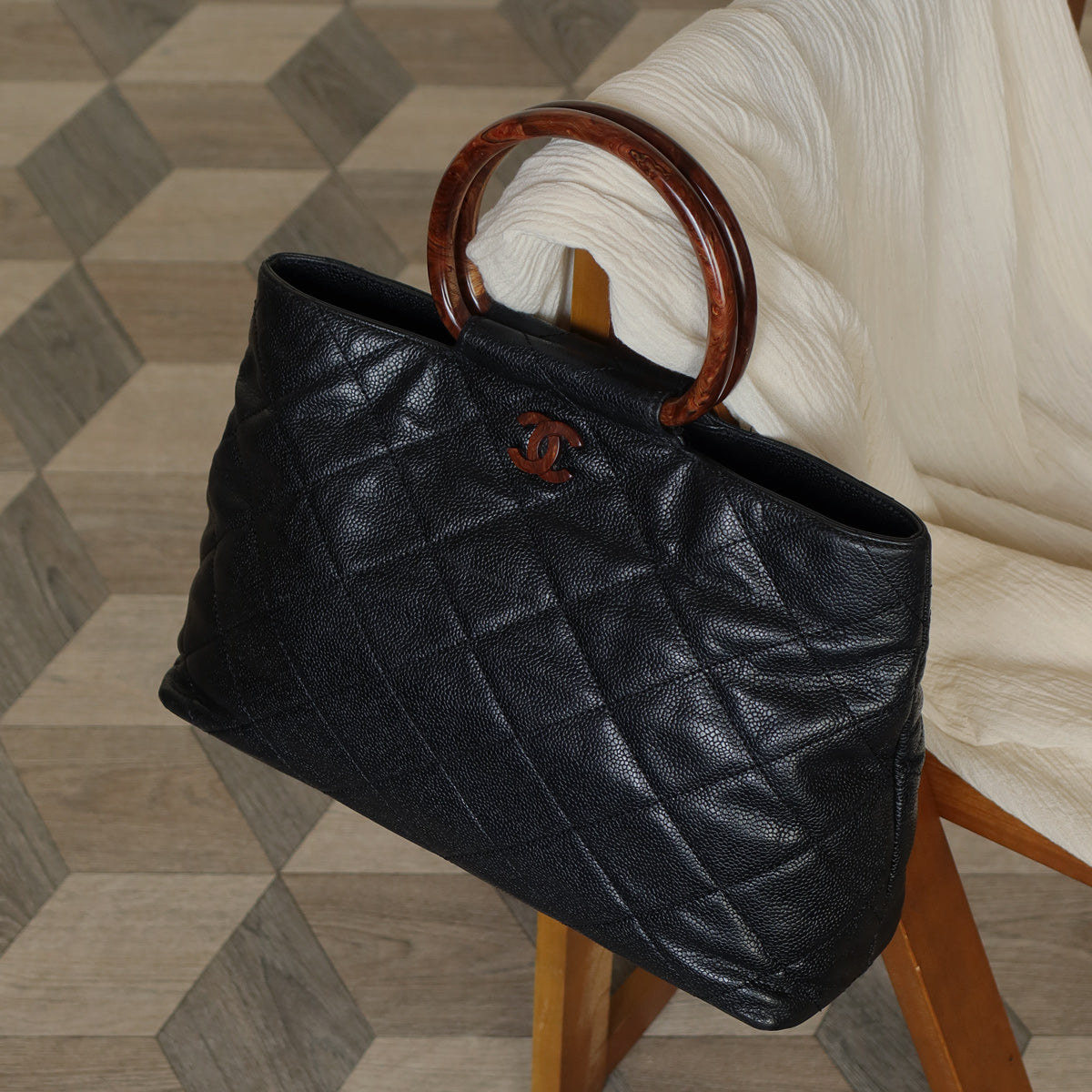 Chanel Vintage Quilted Black Caviar Leather CC mark Top Handle Weekend Bag