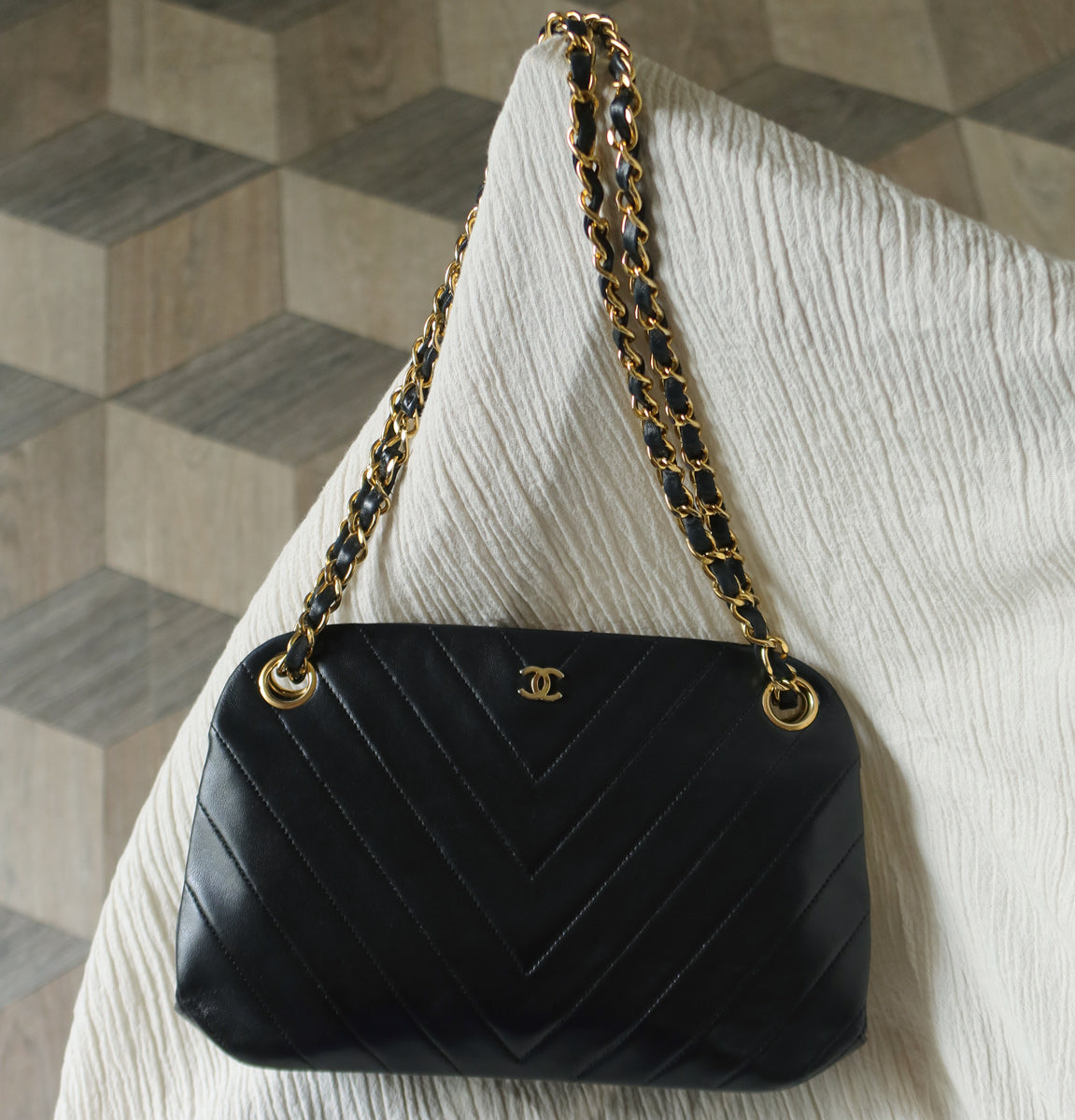 Chanel Vintage Black Lambskin Chevron Quilted CC mark Kiss Lock Bag