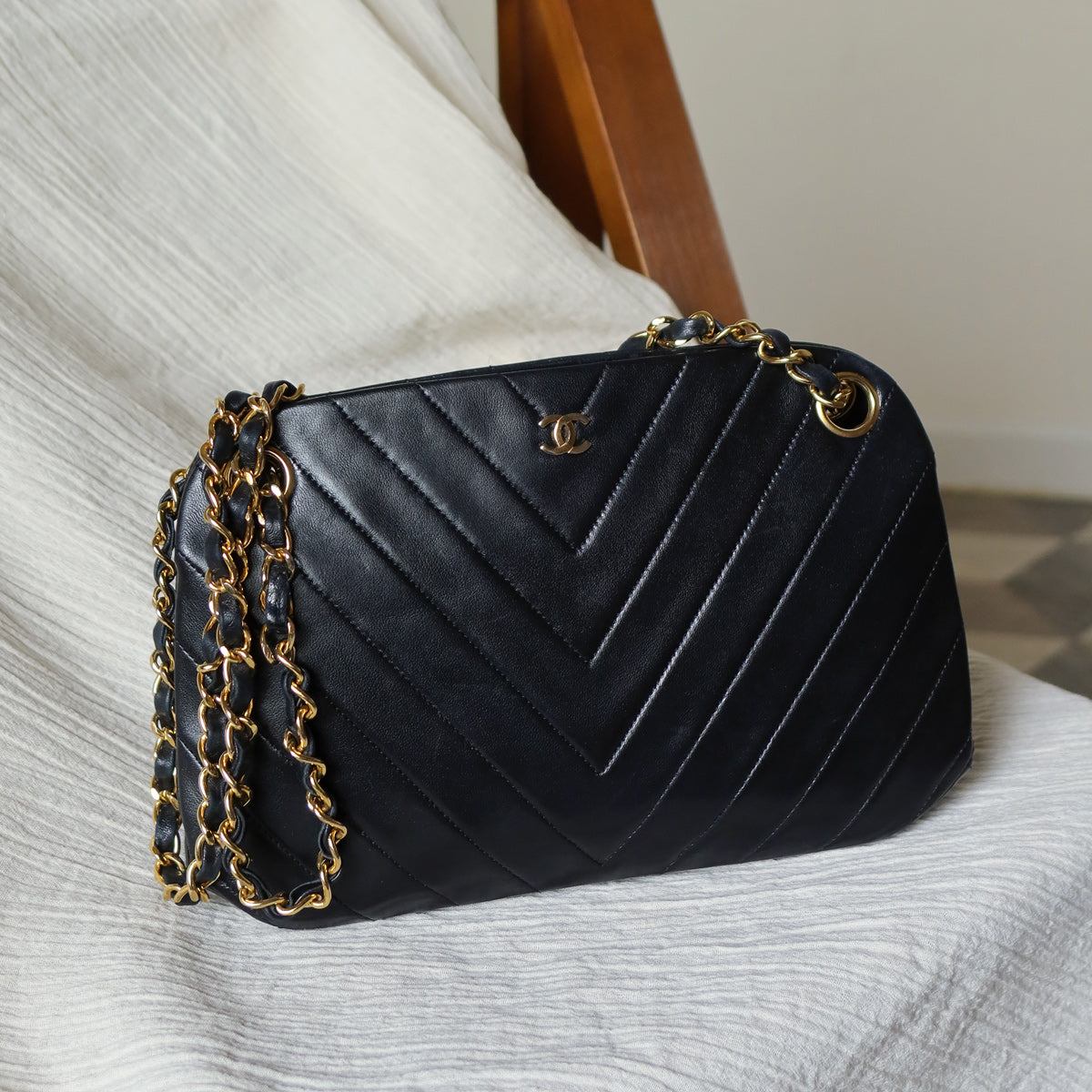 Chanel Vintage Black Lambskin Chevron Quilted CC mark Kiss Lock Bag