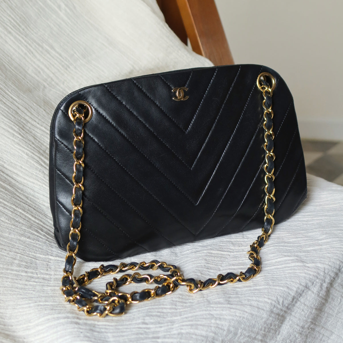 Chanel Vintage Black Lambskin Chevron Quilted CC mark Kiss Lock Bag