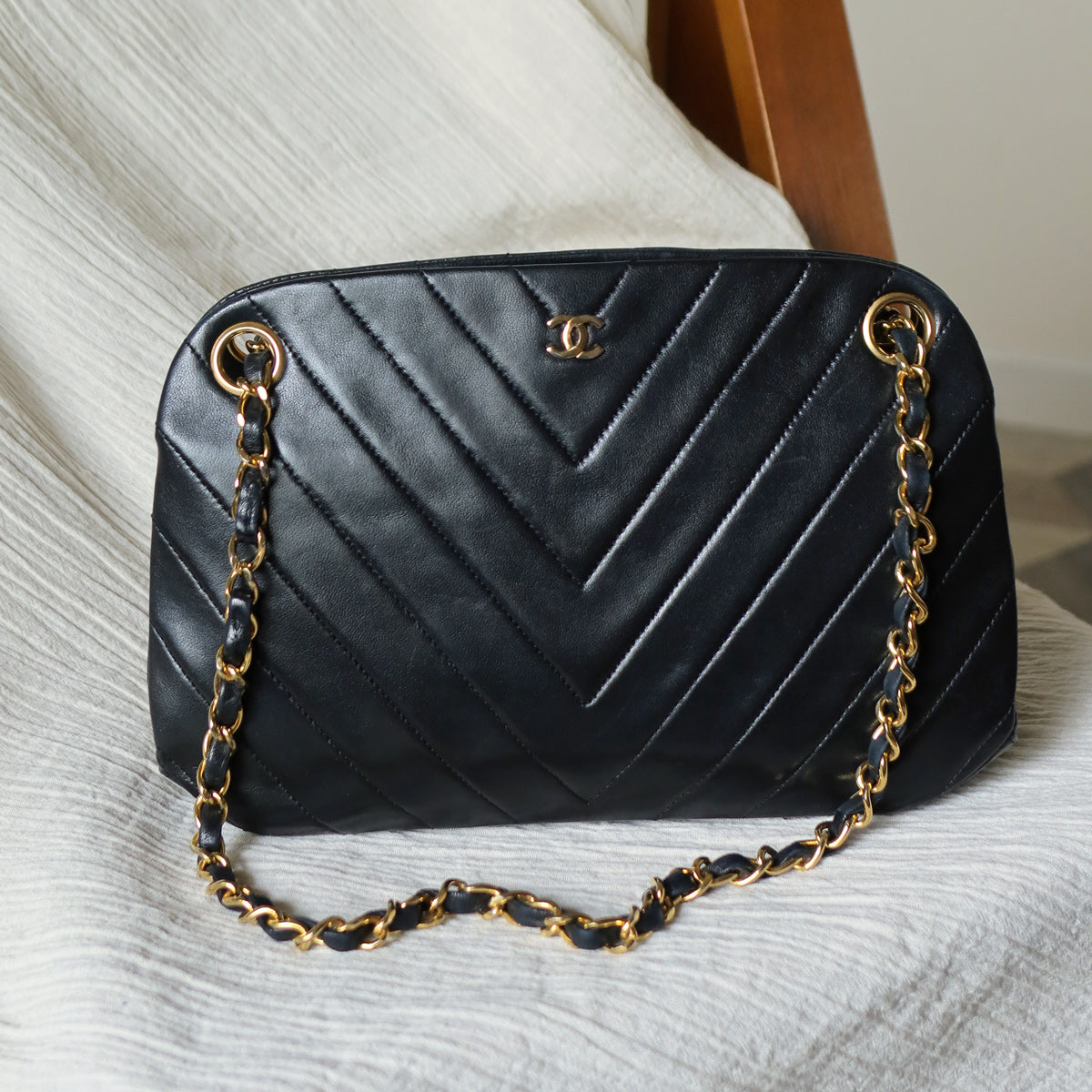 Chanel Vintage Black Lambskin Chevron Quilted CC mark Kiss Lock Bag