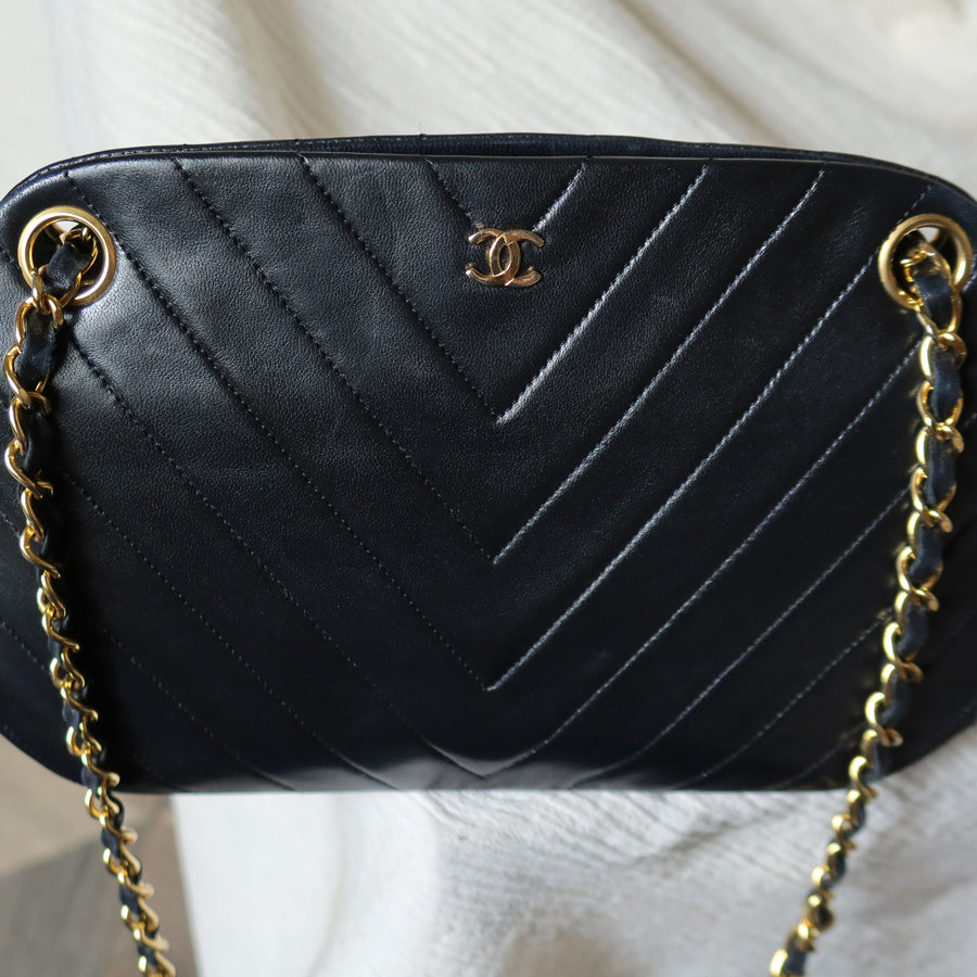 Chanel Vintage Black Lambskin Chevron Quilted CC mark Kiss Lock Bag