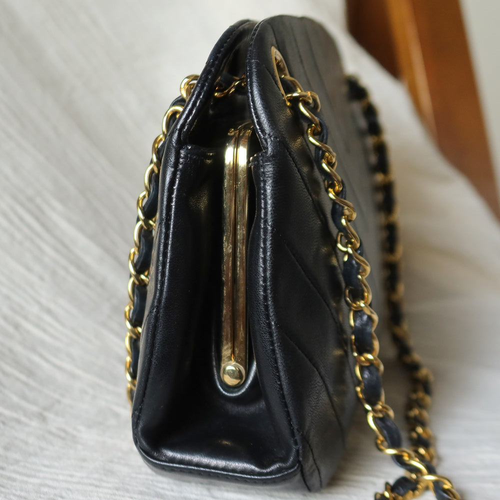 Chanel Vintage Black Lambskin Chevron Quilted CC mark Kiss Lock Bag