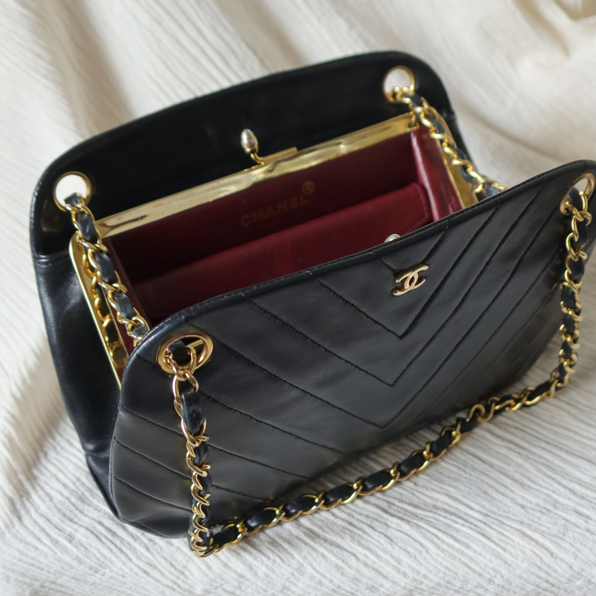Chanel Vintage Black Lambskin Chevron Quilted CC mark Kiss Lock Bag