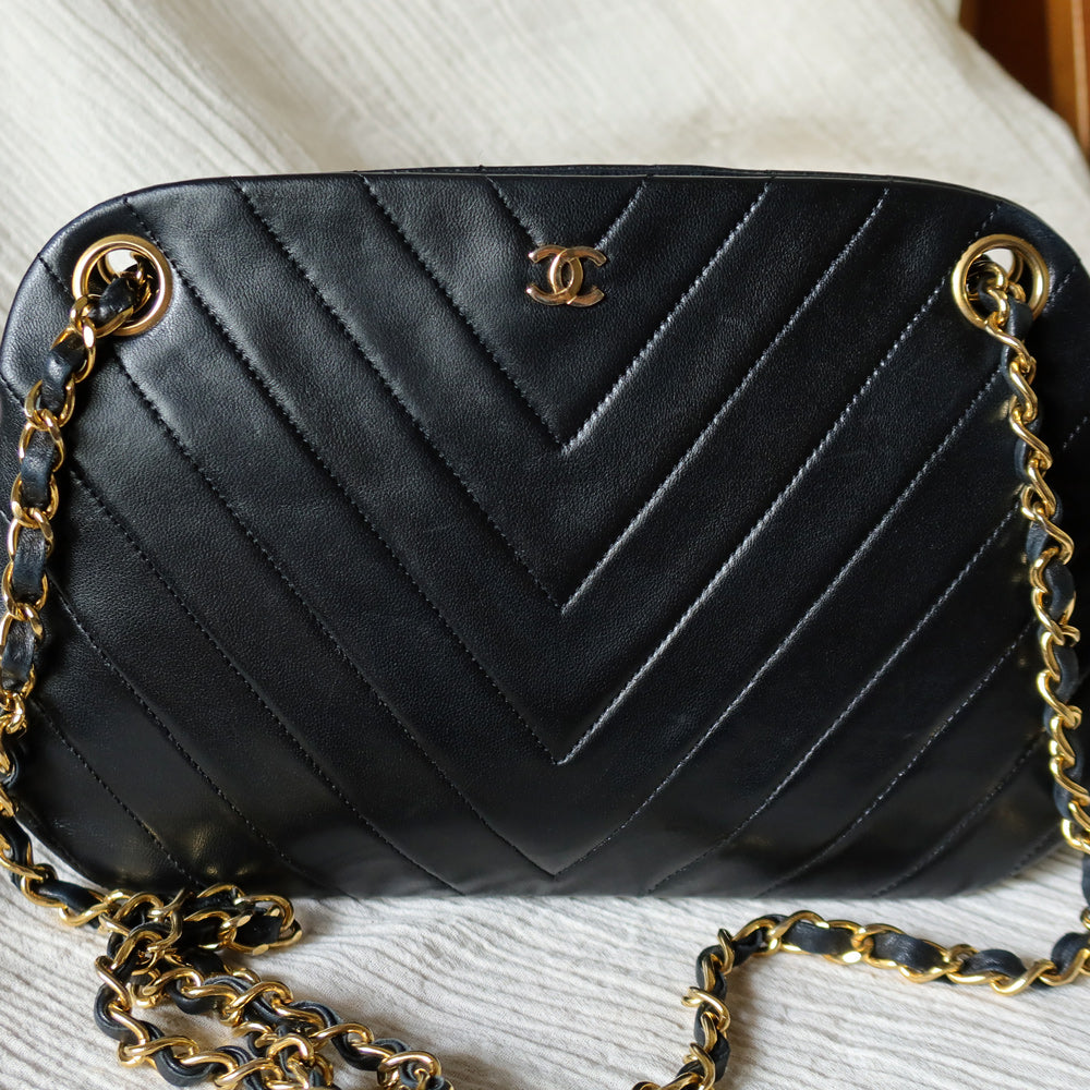 Chanel Vintage Black Lambskin Chevron Quilted CC mark Kiss Lock Bag