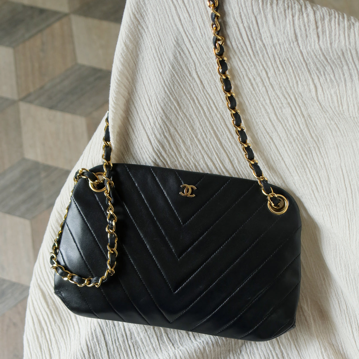 Chanel Vintage Black Lambskin Chevron Quilted CC mark Kiss Lock Bag