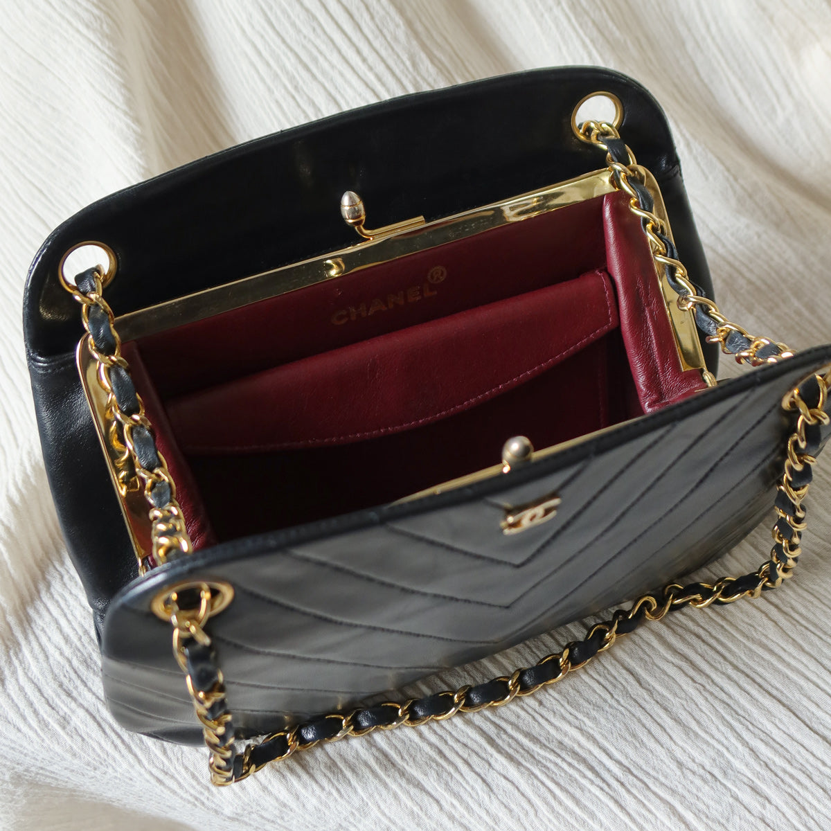 Chanel Vintage Black Lambskin Chevron Quilted CC mark Kiss Lock Bagv
