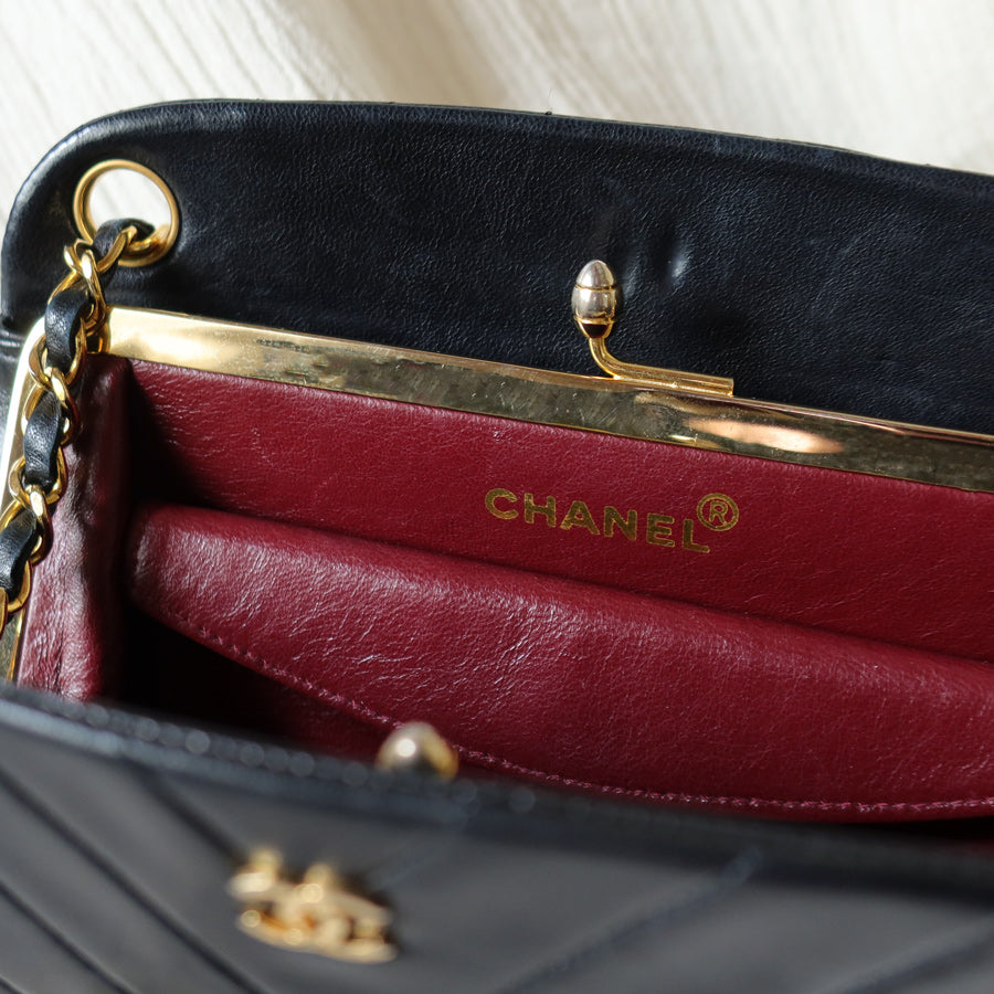 Chanel Vintage Black Lambskin Chevron Quilted CC mark Kiss Lock Bag