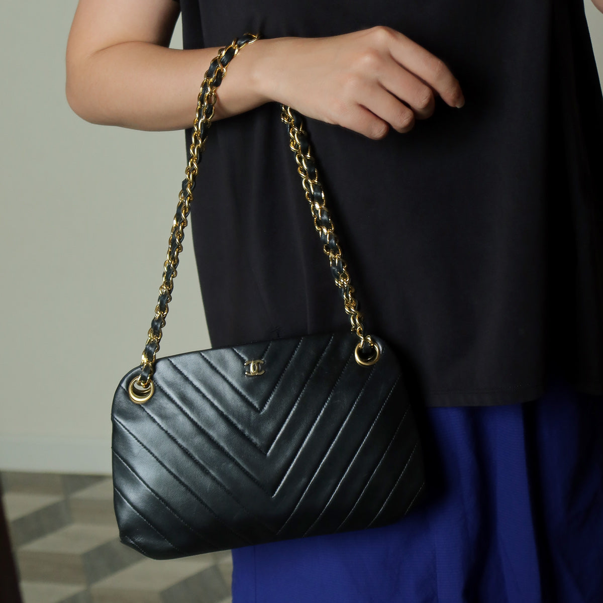 Chanel Vintage Black Lambskin Chevron Quilted CC mark Kiss Lock Bag