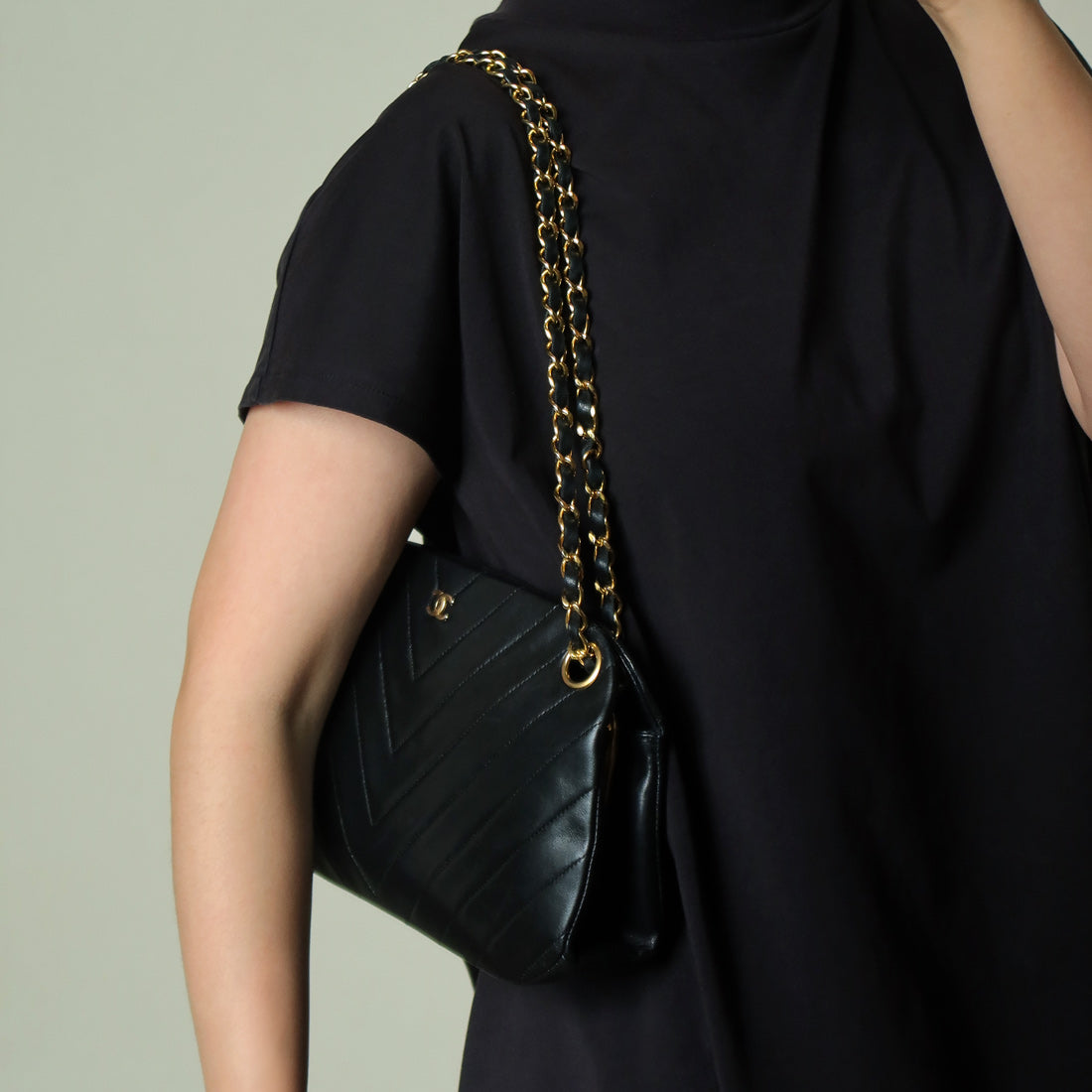 Chanel Vintage Black Lambskin Chevron Quilted CC mark Kiss Lock Bag