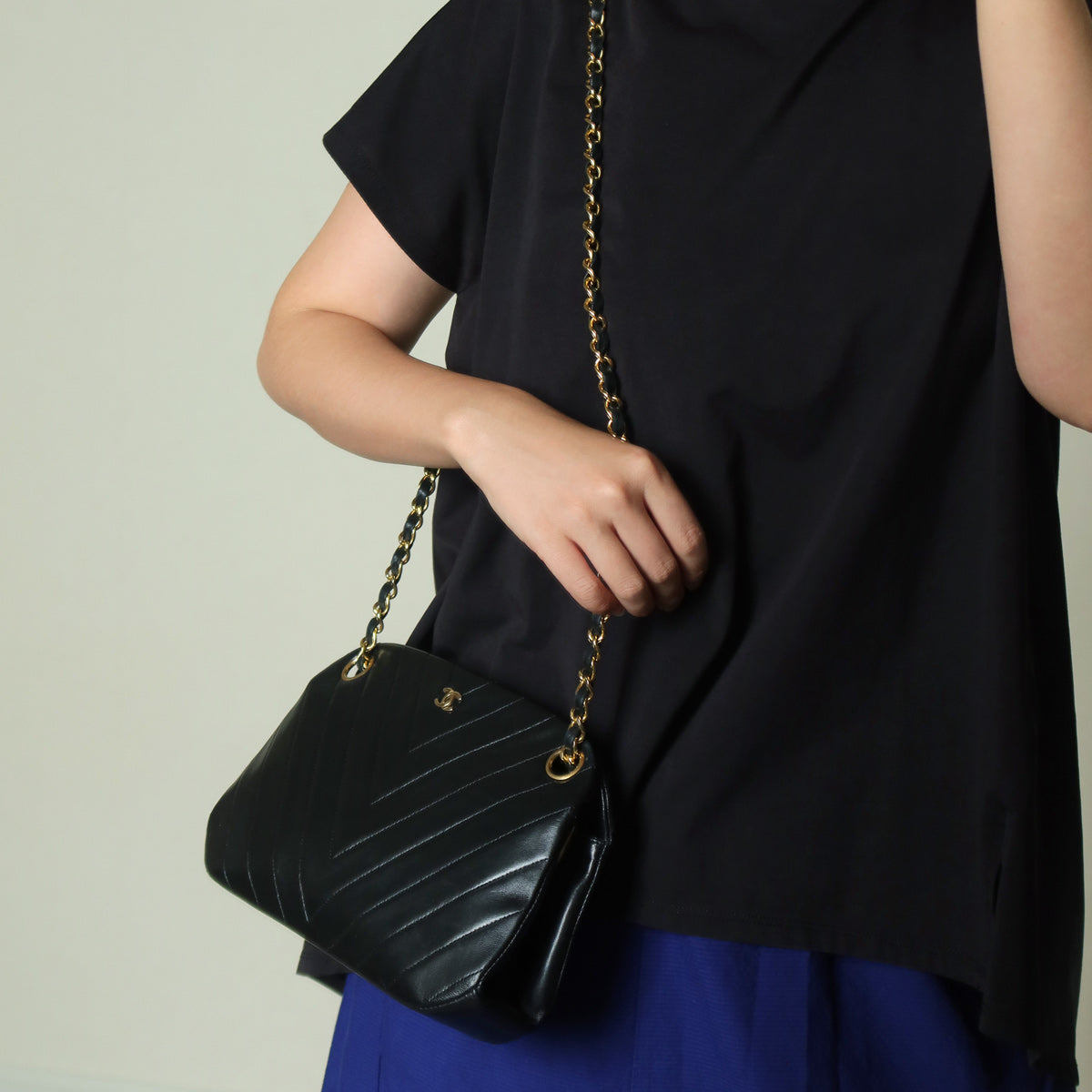Chanel Vintage Black Lambskin Chevron Quilted CC mark Kiss Lock Bag